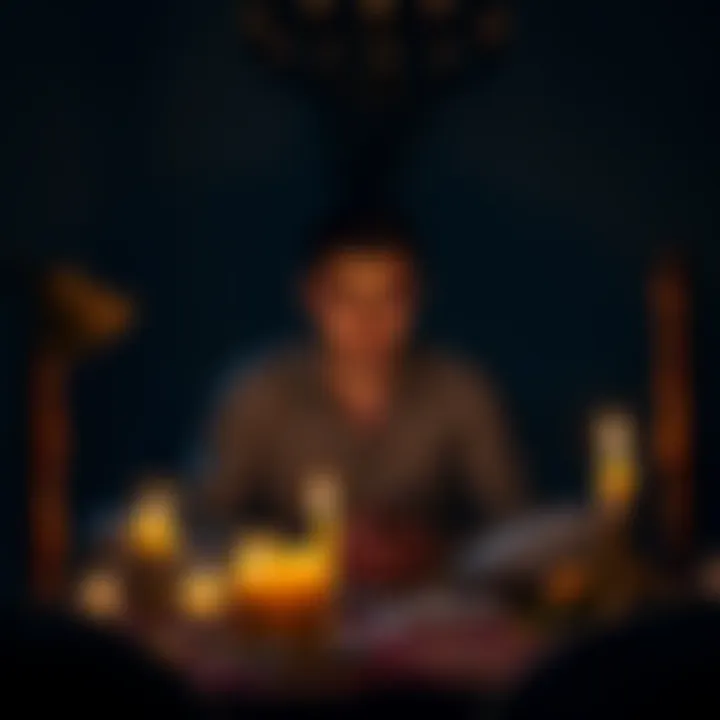 A man looking distressed, sitting in a dimly lit room with candles and symbols around him, seeking guidance from a psychic about a black magic curse.