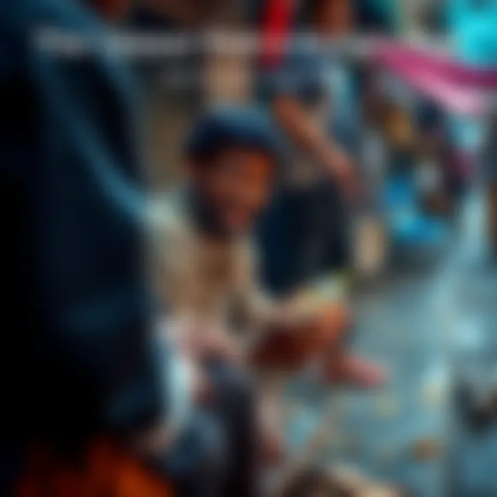 A man sitting on the street gratefully receiving food and water from another person, with a look of relief and gratitude on his face.