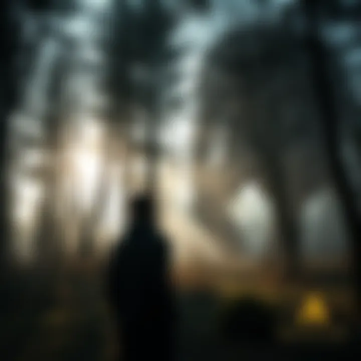 A man stands in a forest, looking surprised as he gazes at a giant figure in the distance, surrounded by trees and shadows.