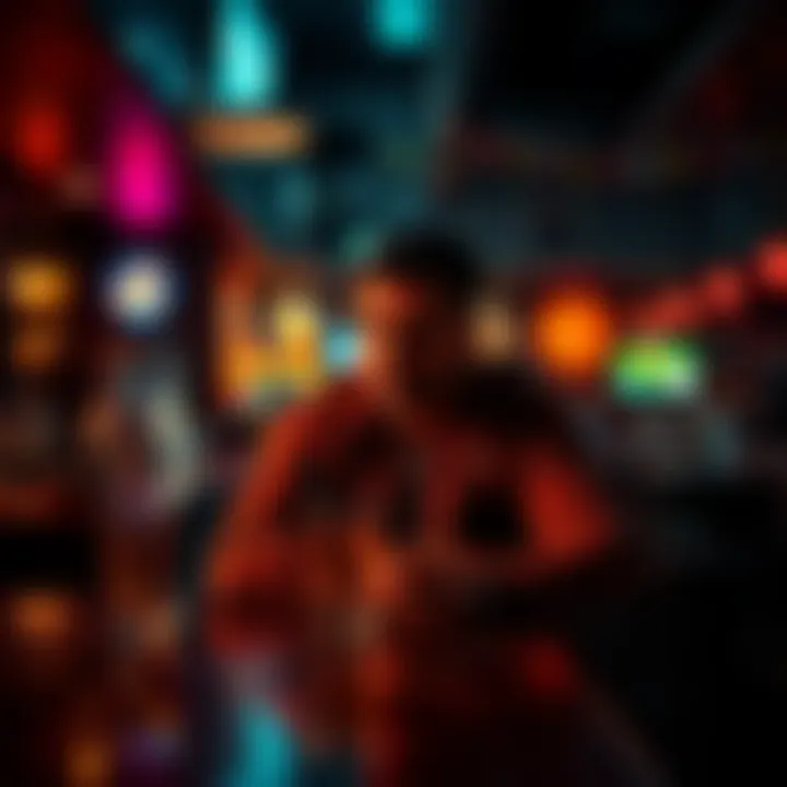 A man looking reflective and regretful while sitting alone at a bar with a drink in front of him