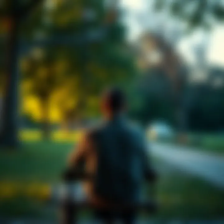 A 29-year-old man sits thoughtfully on a park bench, reflecting on life and struggles, surrounded by trees and soft sunlight.