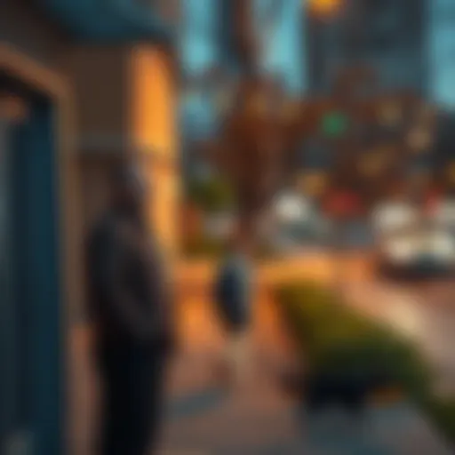 A man stands outside with a blank expression, watching nearby as a dog walker passes by with their dog.