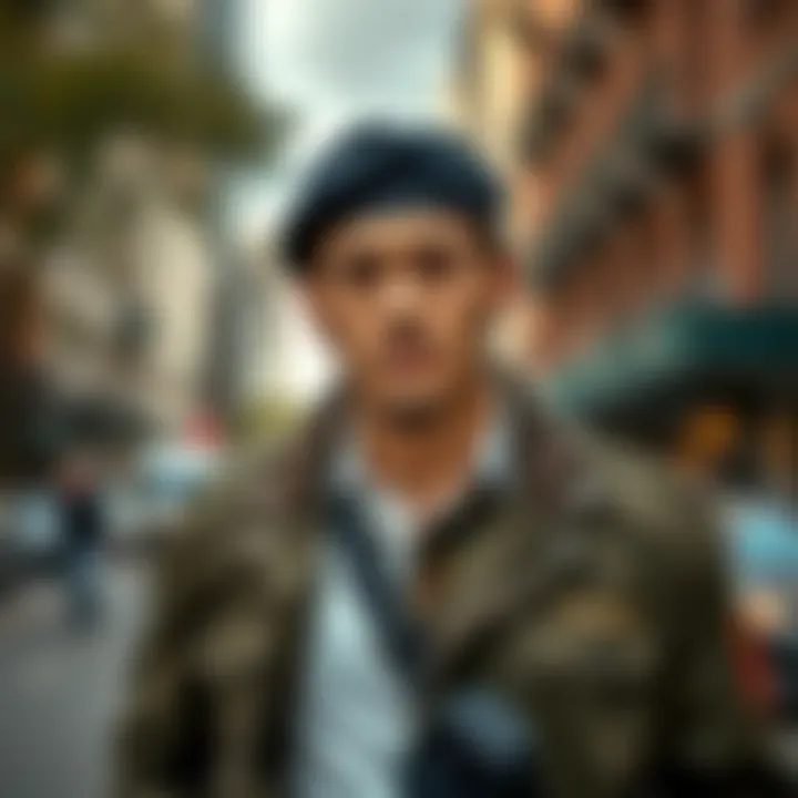 Man styled like Che Guevara A man wearing a black beret, military-style jacket, and a white shirt, embodying Che Guevara's iconic look, standing confidently with a backdrop of a city street.