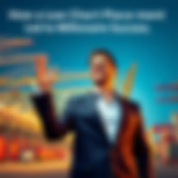 A man in a suit smiling joyfully, standing in front of a large import-export warehouse, symbolizing success and wealth.