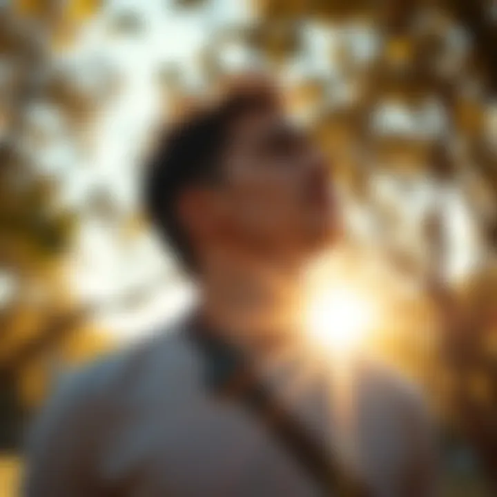 A man stands in a sunlit park, reflecting deeply, with a sense of peace and connection around him.