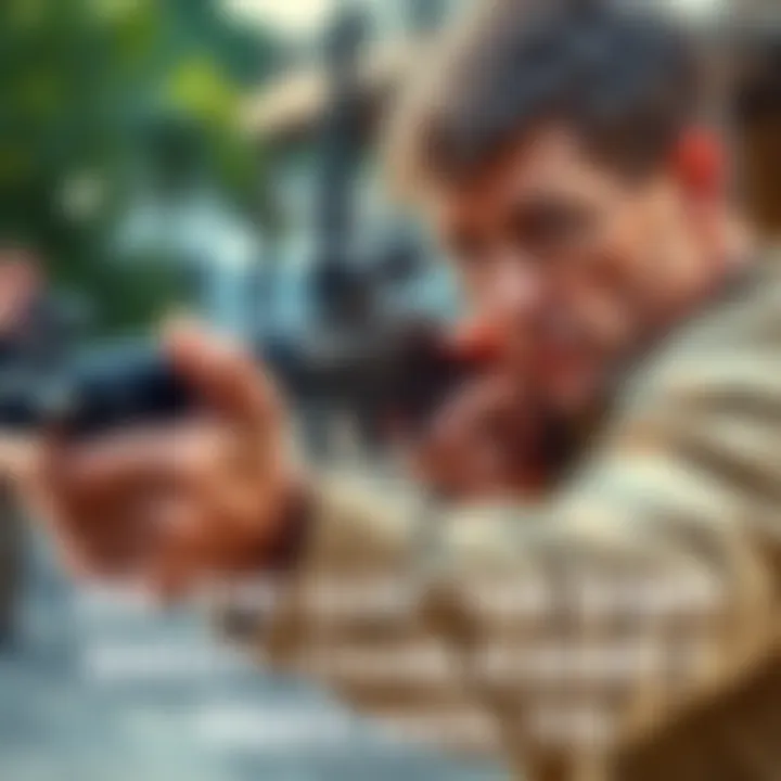 A man in a tan shirt takes aim with a firearm in a tense moment, with a blurred background suggesting an outdoor setting.