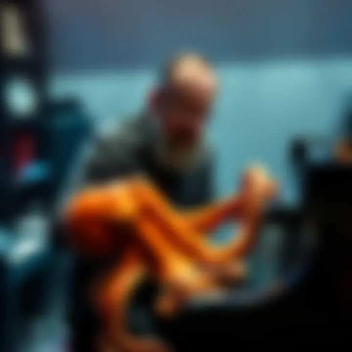 A man interacts with an octopus at a piano, illustrating communication between species.