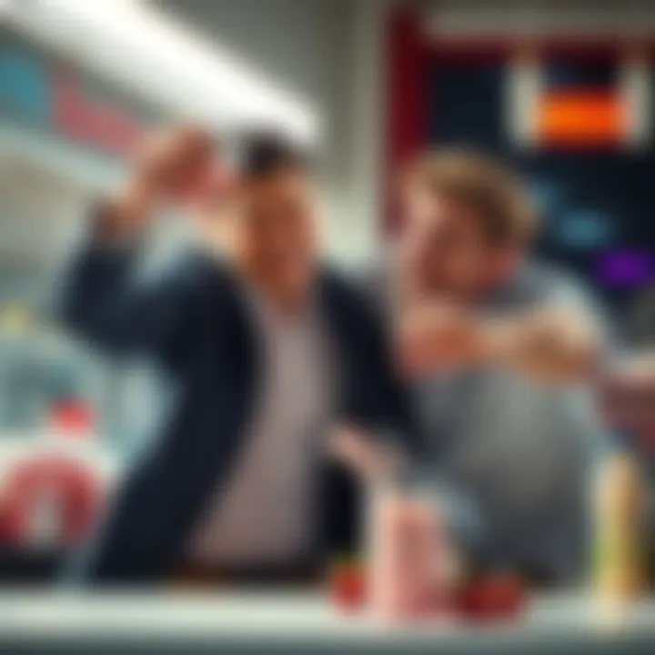 A man in a playful stance throwing a container of strawberry-flavored milk at another person