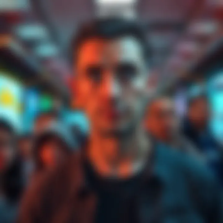 A man standing with an uncertain expression, giving off an unsettling vibe, surrounded by curious onlookers.