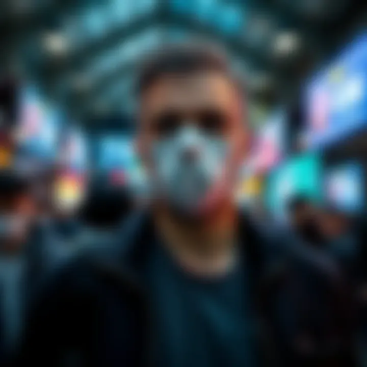 A man wearing a mask in a crowded area, looking around curiously