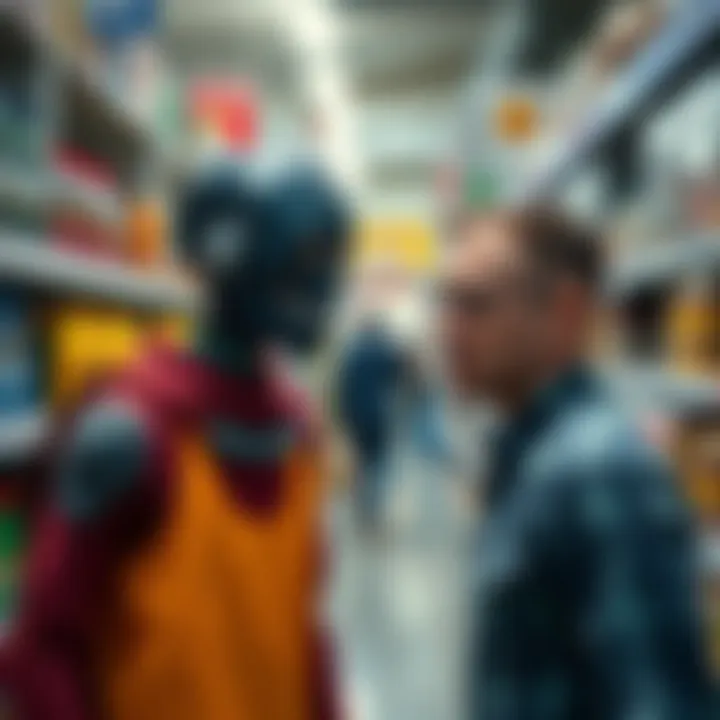 A man looks shocked as he observes a bizarre change happening to a person in a store aisle, surrounded by typical shopping items.