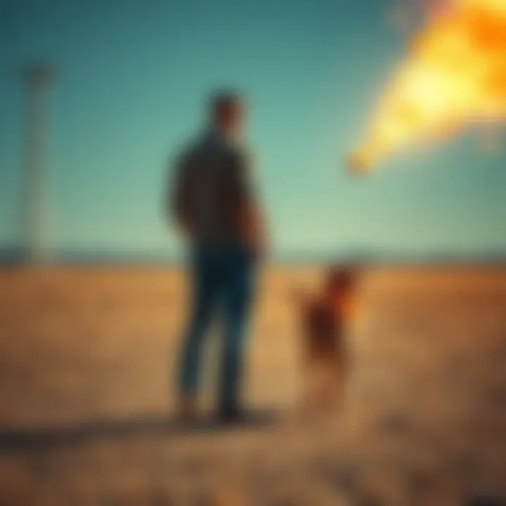 A man and his dog stand in an open area as an unknown object rushes toward them, with the dog alert and looking at the object while the man appears unaware.