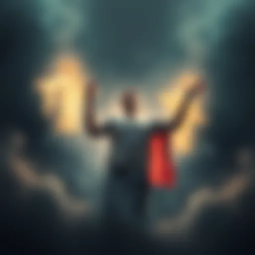 A man floating above his body, surrounded by glowing figures representing Jesus and a deceased relative, in a misty atmosphere.