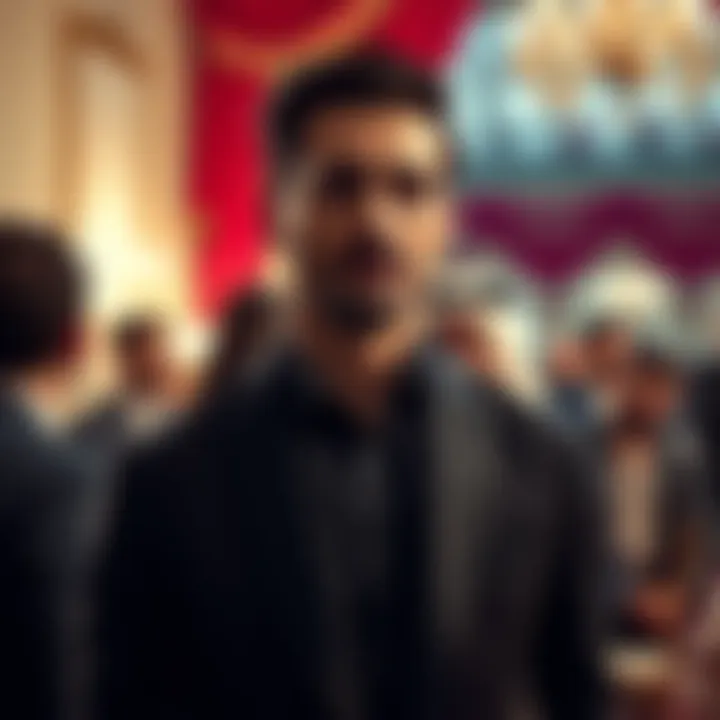 A tall, dark-haired man stands confidently at a Middle Eastern wedding, drawing the gaze of guests around him.