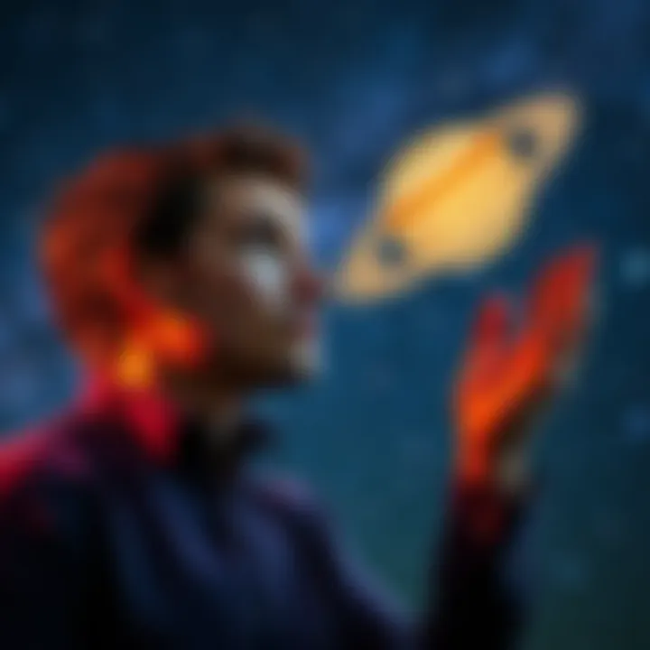 A 30-year-old ambidextrous man thoughtfully considering his career and relationship choices during a cosmic event, with a starry background representing his Saturn return.