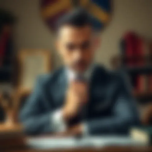 A thoughtful man in a suit looks directly at the camera, surrounded by books and notes, symbolizing his impact and story.