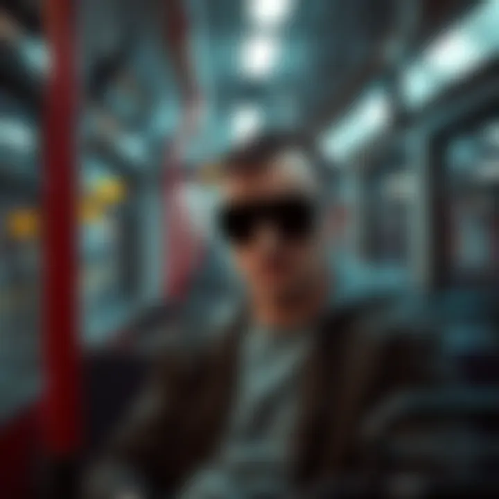 A man with completely black eyes sitting on a bus, creating a spooky atmosphere.
