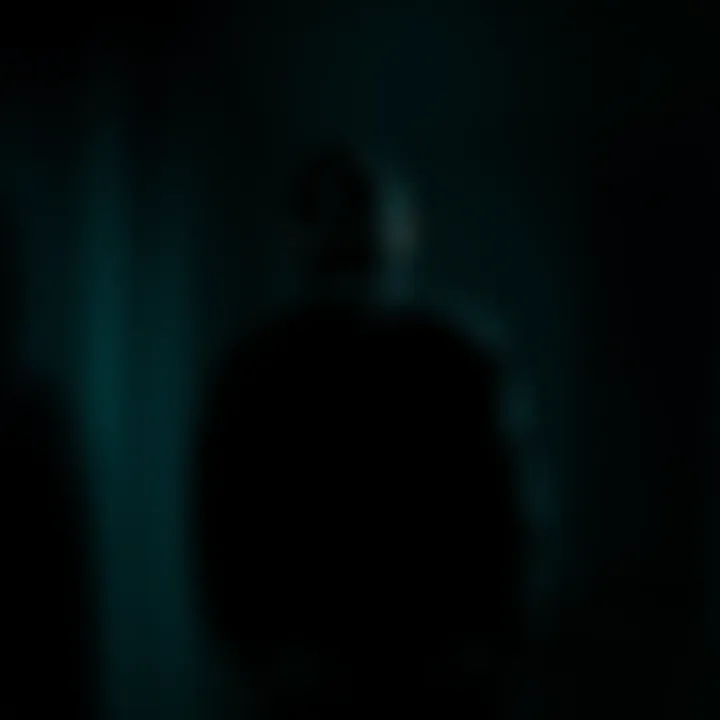 A man with completely black eyes standing in a dimly lit room, casting an eerie shadow.