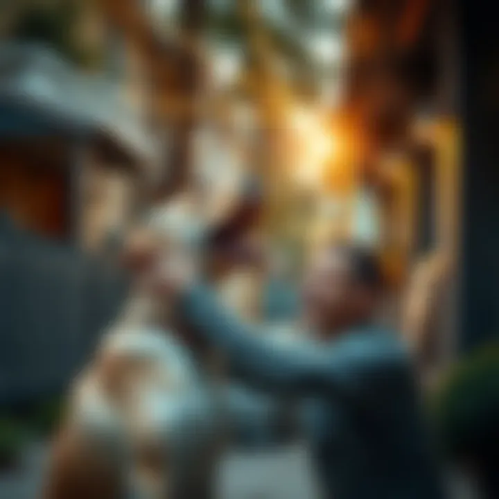 A man gently interacting with a barking dog in a neighborhood setting, showcasing a unique bond between them.