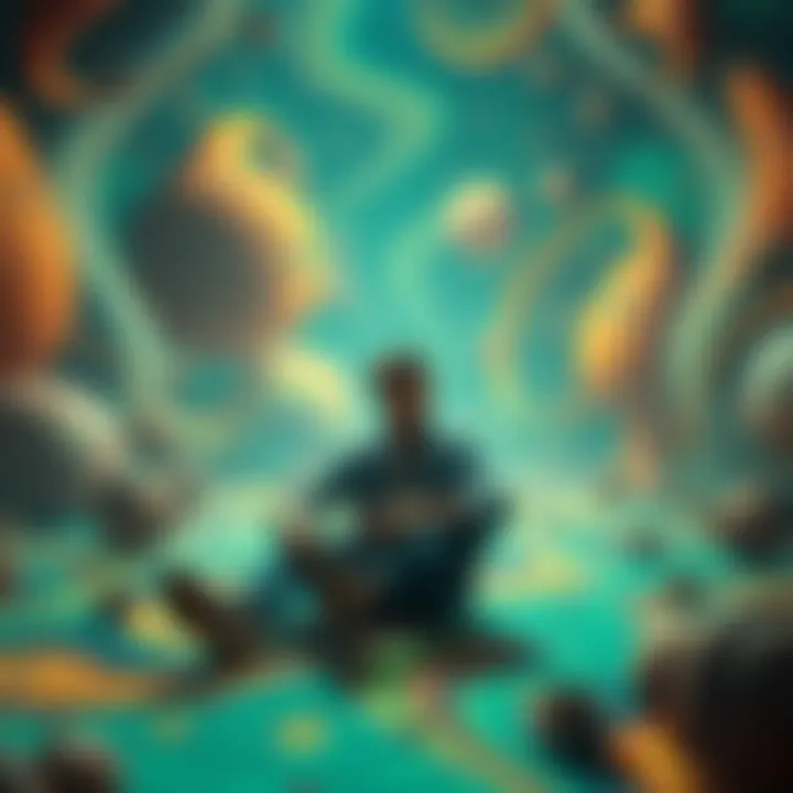 A man sitting on a colorful floor, surrounded by swirling patterns and distorted shapes, looking confused and overwhelmed during a cannabis trip
