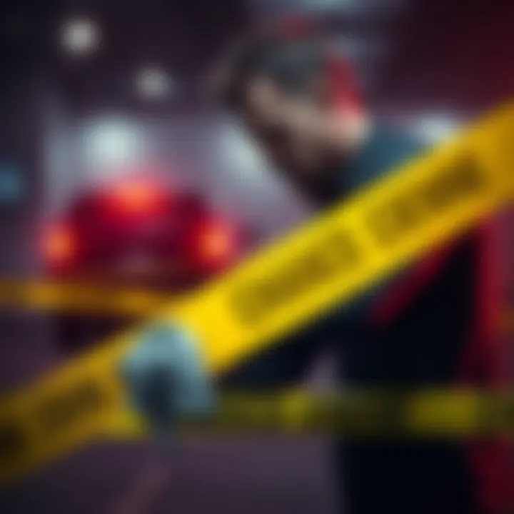 A man using a cloth to clean a marked crime scene shortly after an incident involving Charlie Kirk.