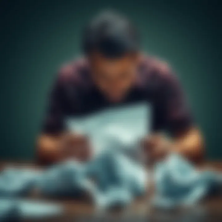 A frustrated man looks down at crumpled papers on a table, symbolizing feelings of betrayal and deceit in a relationship.