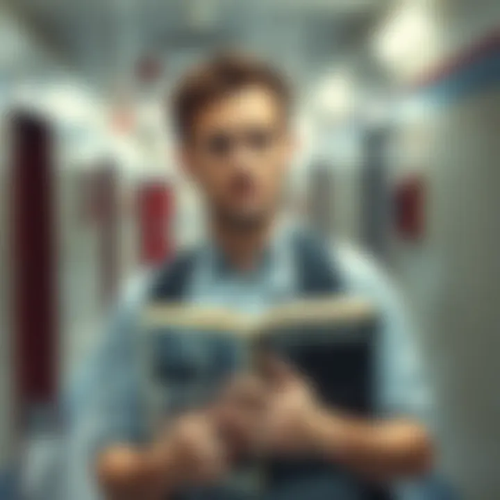 A man looking confused in a school hallway A man stands in a school hallway, looking puzzled as he holds a yearbook, reflecting on memories of a girl named Emily who may not have existed.