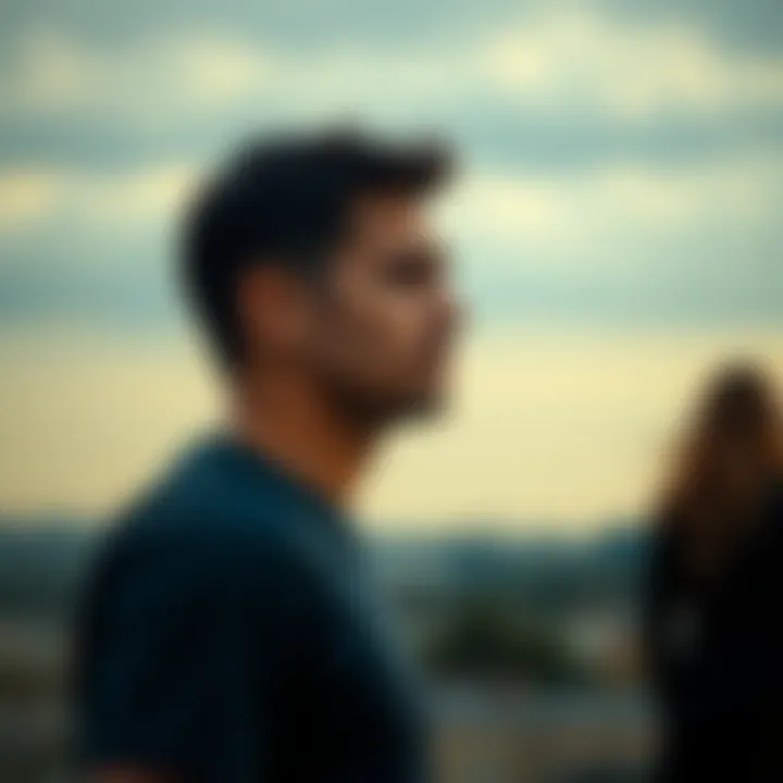 A man stands alone with a thoughtful expression, looking away from a woman in the background, symbolizing a difficult choice in a relationship.