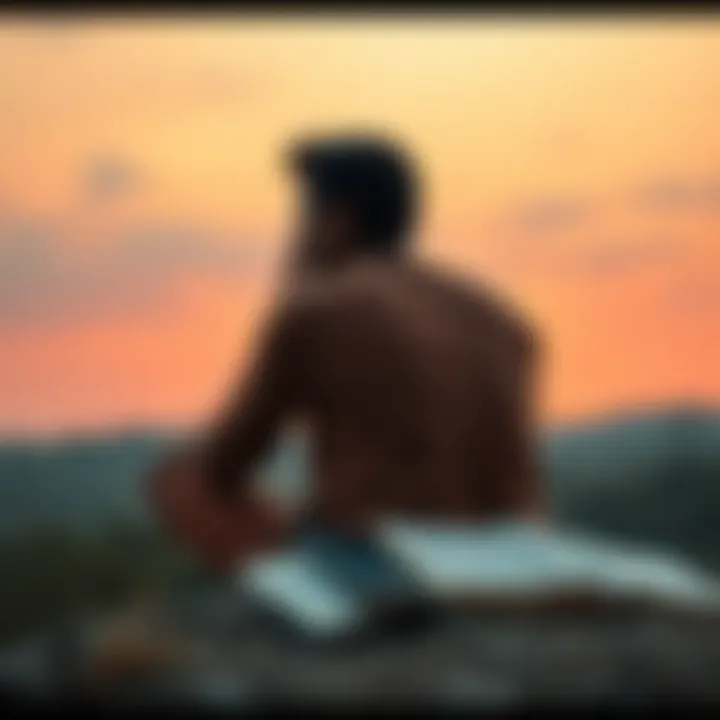 A man sits alone in nature, deep in thought about faith and spirituality, with books beside him.