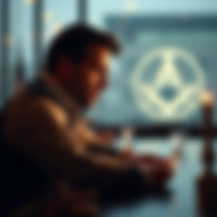 Man contemplating Masonry A man sitting at a table, looking thoughtful with a Masonic symbol in the background, symbolizing his desire to join while considering his wife's opposition.