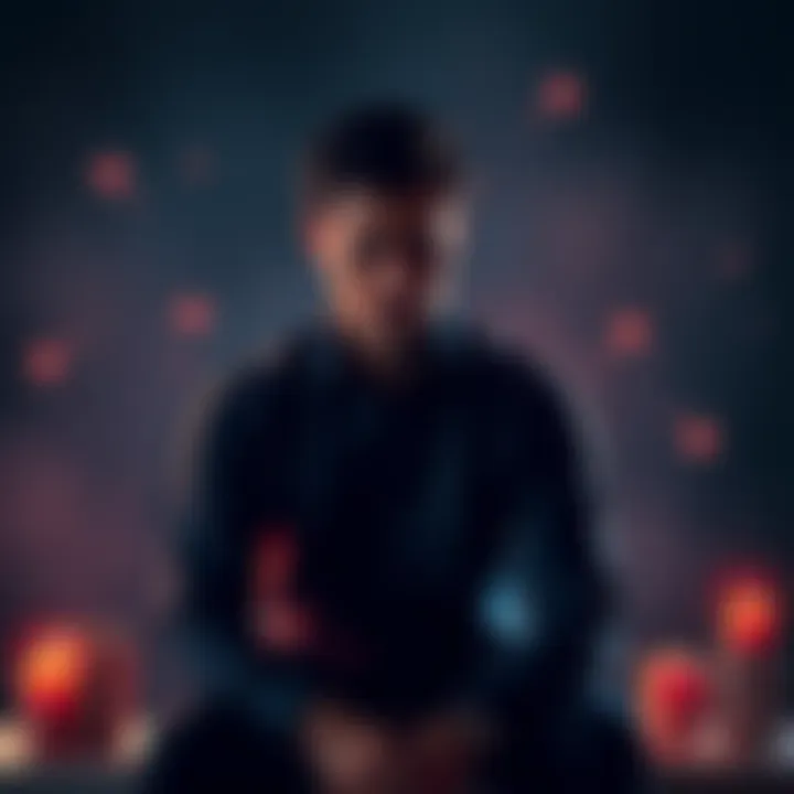 A man sitting alone with a thoughtful expression, reflecting on the emotional impact of past relationships, surrounded by subtle occult symbols.