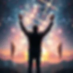 A man standing with arms raised towards a starry sky, symbolizing cosmic connections and control over Earth's destiny, with a hint of mysterious energy around.