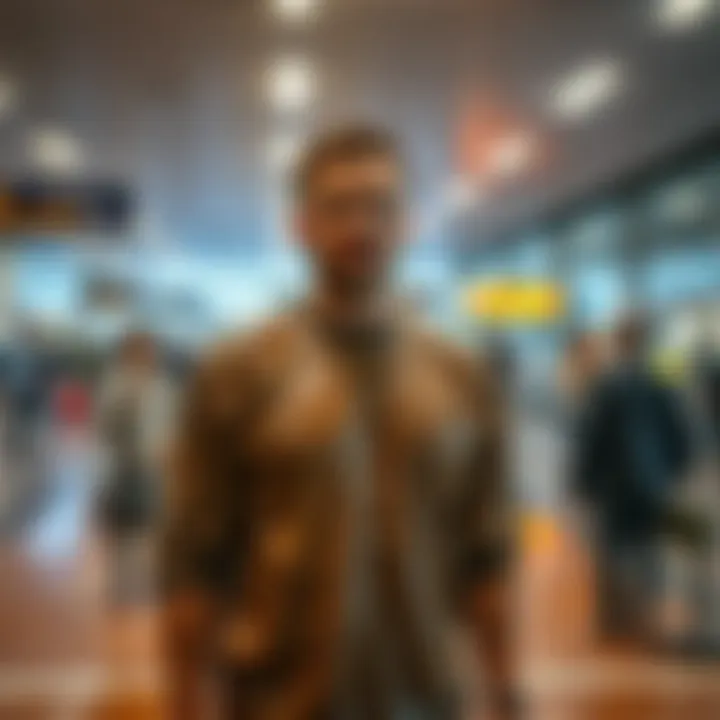 A man covered in mud stands in an airport terminal, drawing attention from puzzled onlookers.