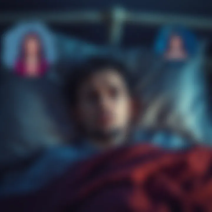Man dreaming of his ex-girlfriend A man lying in bed with a troubled expression, surrounded by thought bubbles showing his ex-girlfriend and symbols of witchcraft, indicating his vivid dreams.