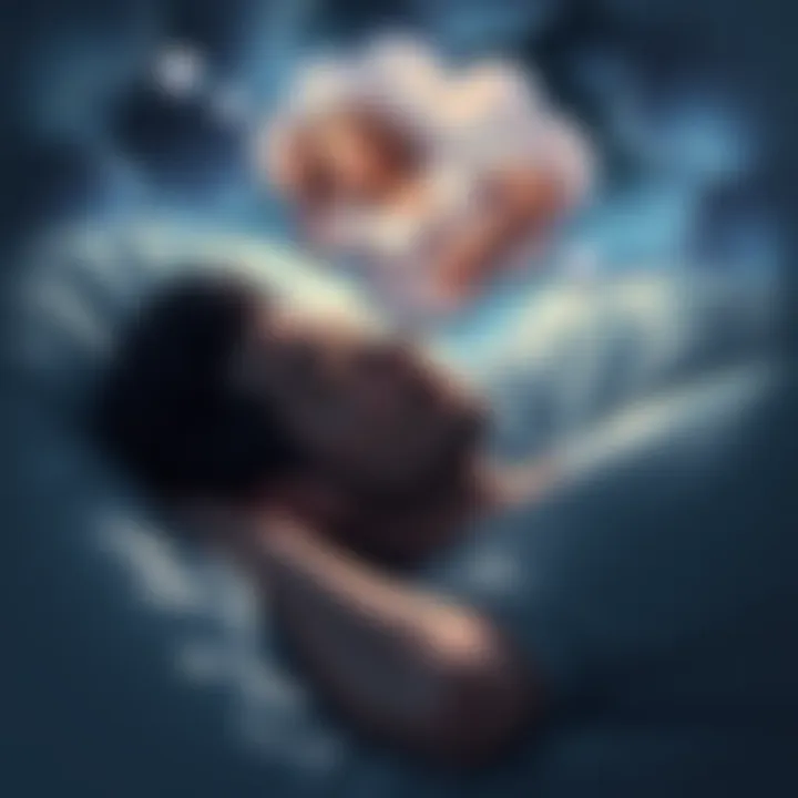 Man dreaming about his past love A man sleeping peacefully with a thought bubble showing a memory of his ex and a new woman who resembles her, surrounded by dreamlike clouds.