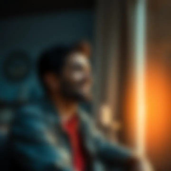A 35-year-old man sits alone, looking hopeful as he imagines having a loving partner and children, with a soft smile on his face.