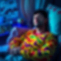 A man sleeping and dreaming of wearing a bright top similar to a streamer's outfit