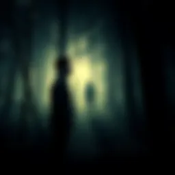 A man stands in a dark forest, looking startled as a shadowy figure hides behind a tree.