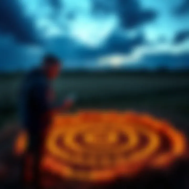 A British man inspecting the first crop circle of 2025 in Wiltshire, comparing crop nodes in and around the circle.