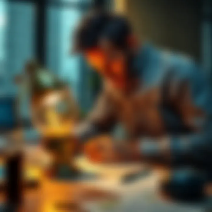 Man examining strange artifact A man closely inspecting a mysterious artifact on a table with papers and notes around