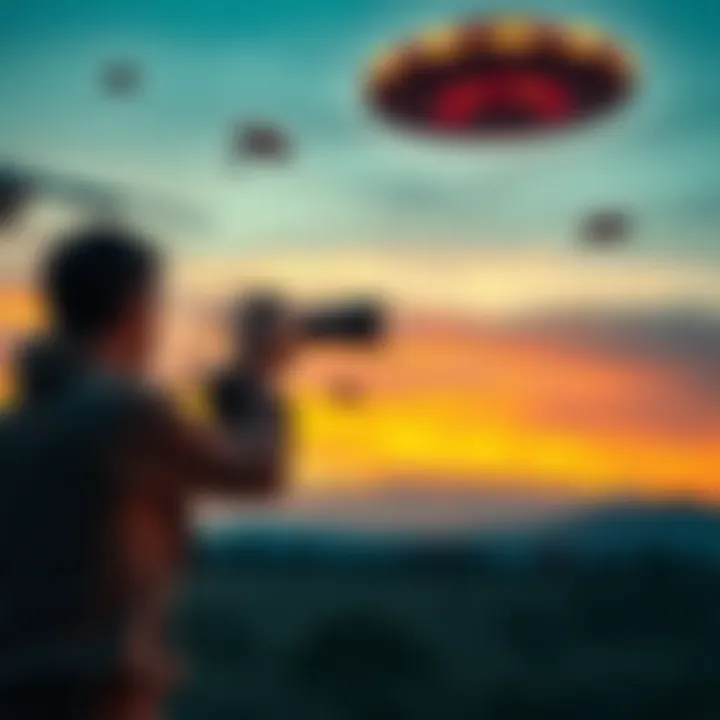 A man stands with a camera pointed at the sky, capturing unidentified flying objects near an Air Force base.
