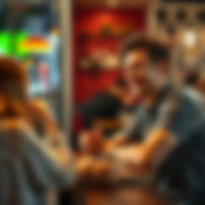 A young man smiling playfully at a woman across a cafe table, showing clear interest in her