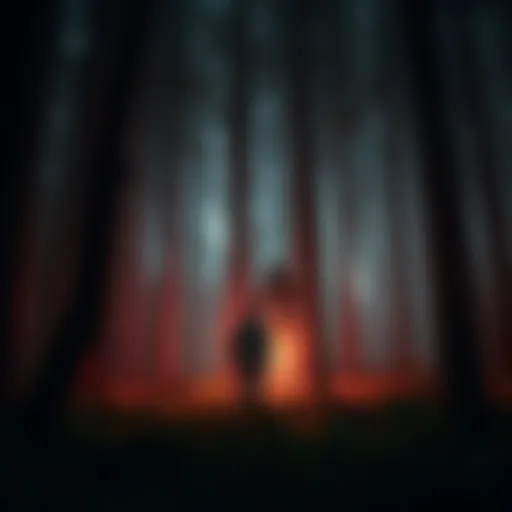A man experiencing fear while looking at a shadowy figure among the trees in a dark forest.