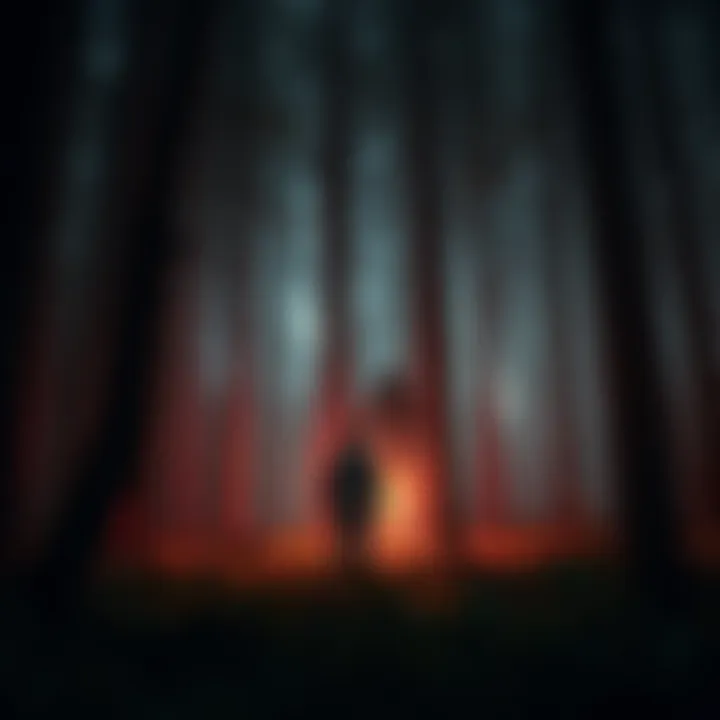 A man experiencing fear while looking at a shadowy figure among the trees in a dark forest.