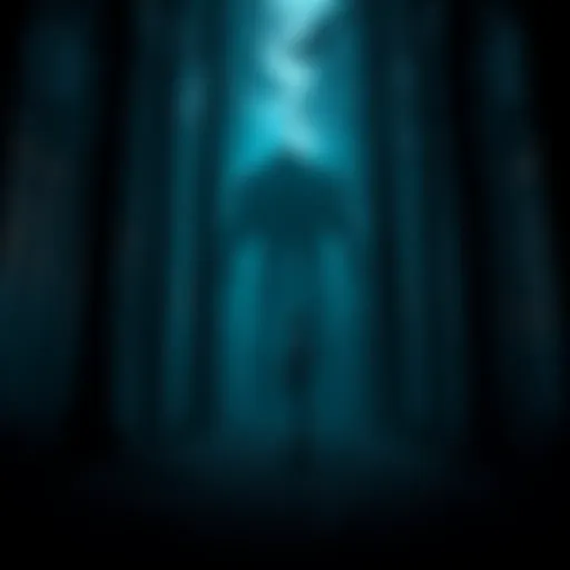 A man stands in a dark forest, looking startled at a shadowy figure behind trees, representing a 'hidebehind' creature.