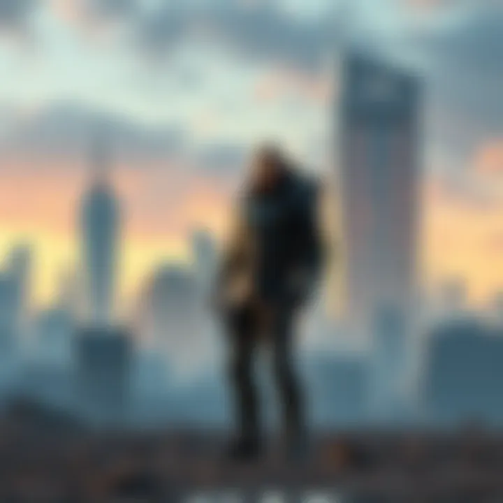 A man in futuristic clothing standing in a desolate cityscape, warning people about future threats.