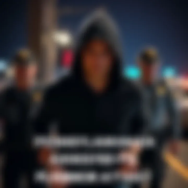 A 21-year-old man in handcuffs, wearing a black hoodie, being escorted by police officers at night, reflecting a serious arrest for planning a terror attack.