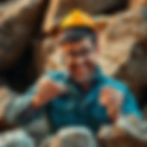 A man jokingly inspecting rock samples, seemingly ignoring safety measures while pointing at a rock with a smile.