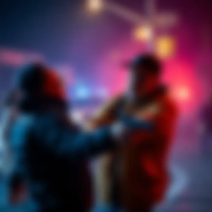 A man attempts to assist another individual as chaos unfolds around them, highlighting a tense moment involving a firearm.