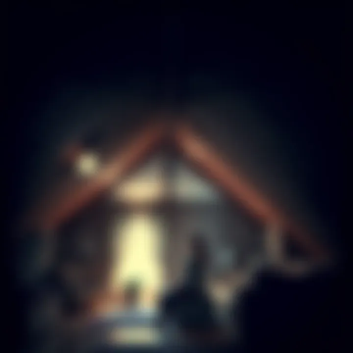 A man peering out from an attic space, looking down at a woman in her living room below, with shadows highlighting the tension of the situation.
